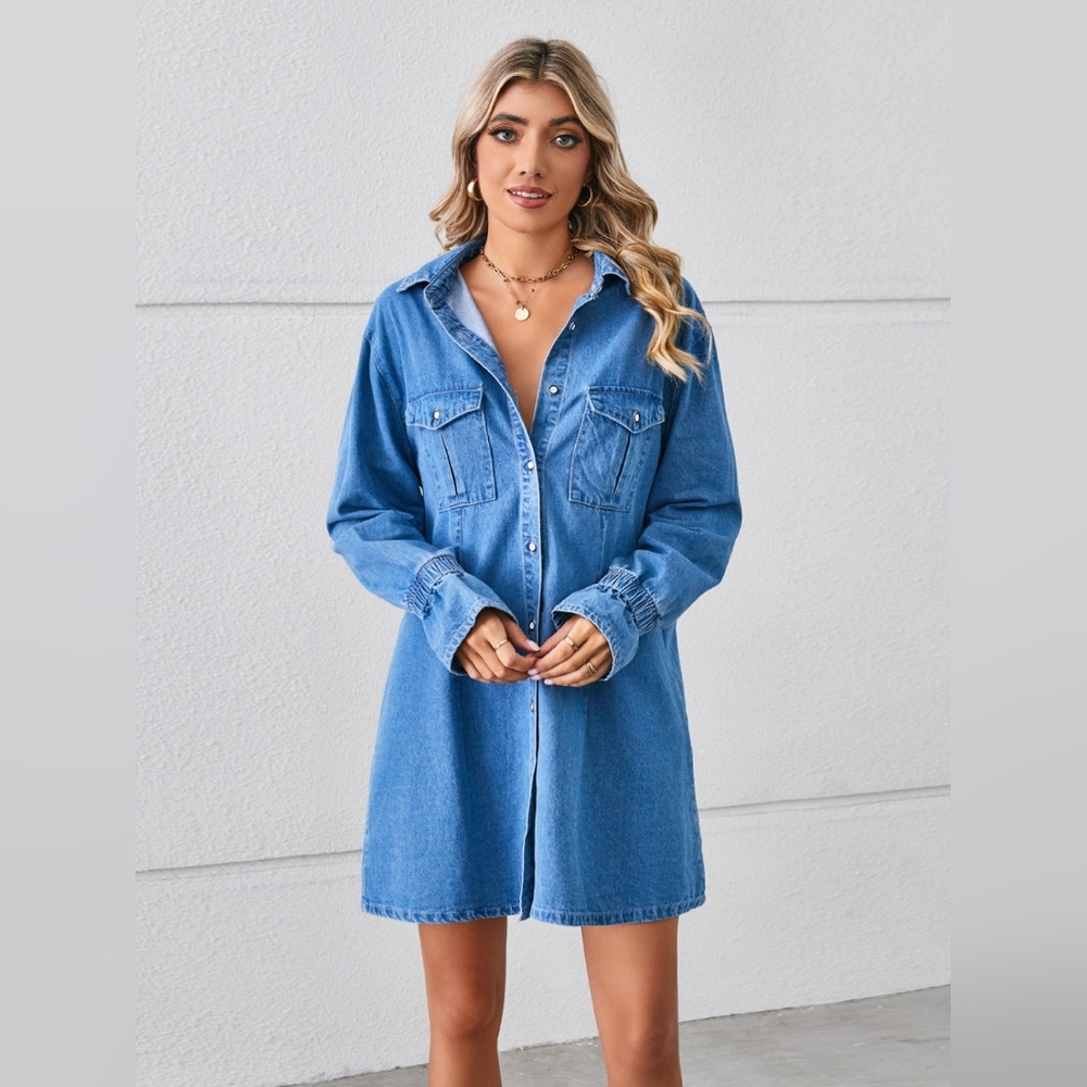 Casual Pocketed Mini Denim Dress